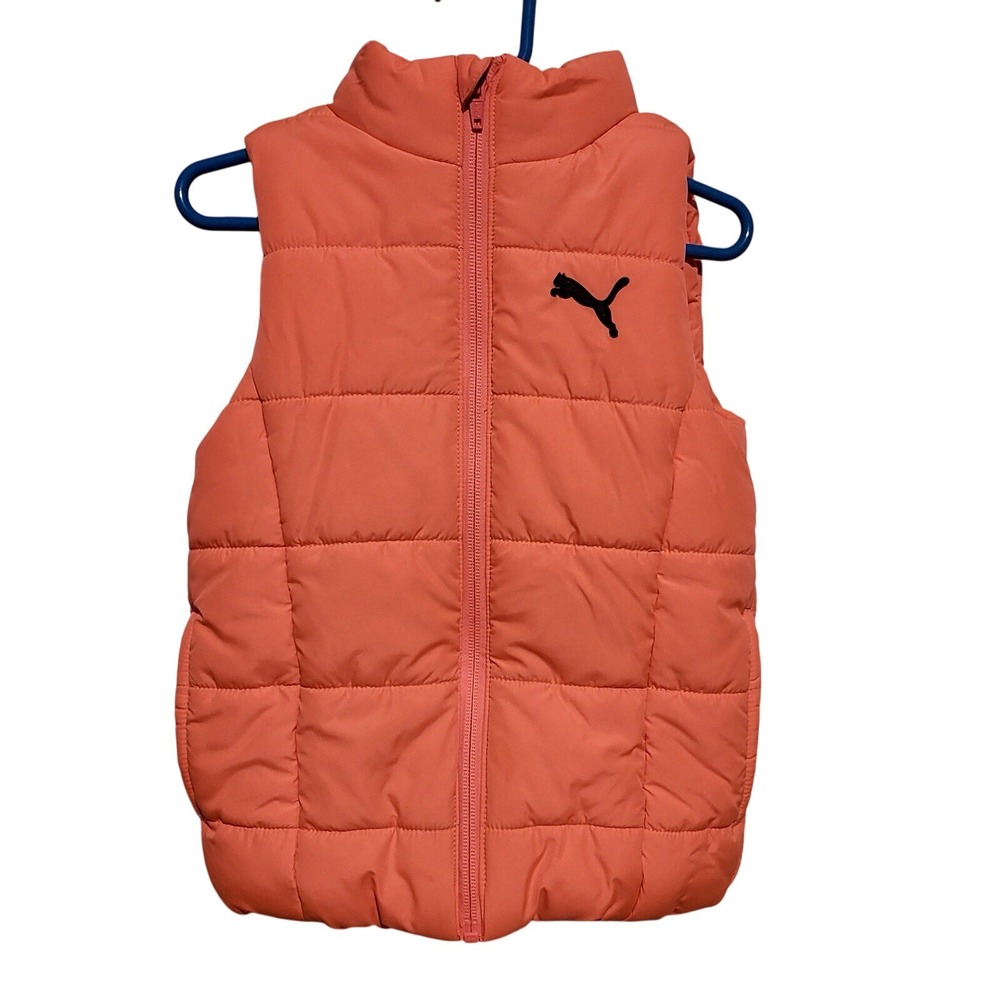 Puma Kids Girls Full Zip‎ Puffer Vest Sleeveless Jacket Neon Orange Pink XXS 3/4